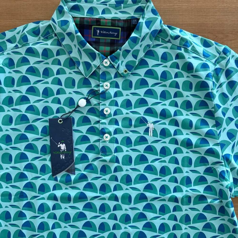 William Murray Golf Men Large Green Blue Bunker Print Performance Polo Shirt NEW